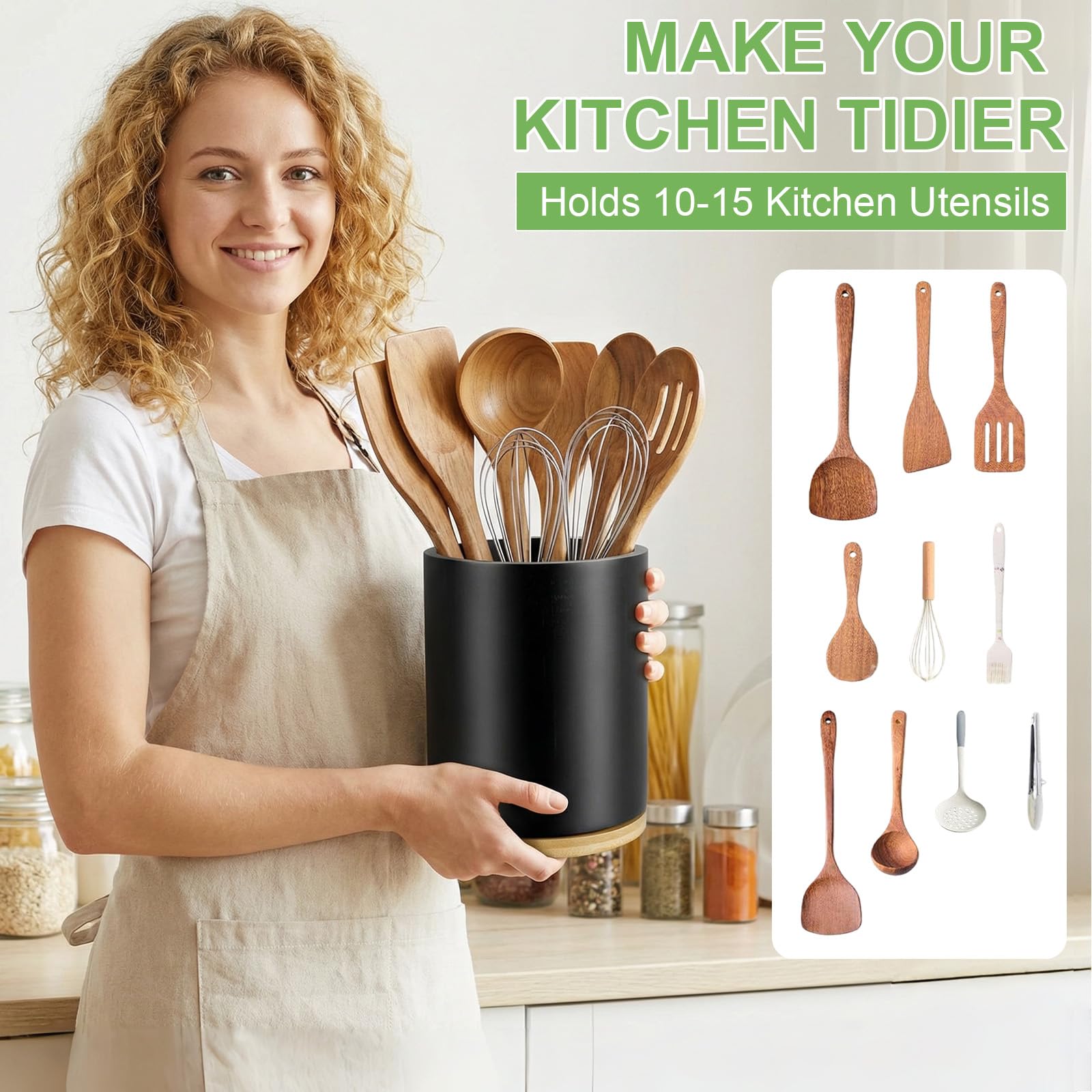 Portautensili da Cucina in Bambù Girevole 360°, Nero, 18.5×15.5×15.5cm, Impermeabile, Portautensili per Utensili da Cucina con Spazio 10-15 Utensili per Bancone da Cucina.