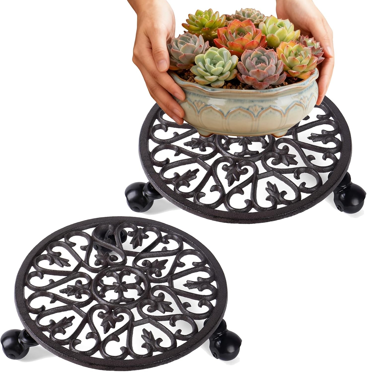 2 Pcs Heavy Cast Iron Plant Caddy,Rolling Plant Stand With 360° Wheels Rustproof Plant Holder For Garden,Patio,Home Decor