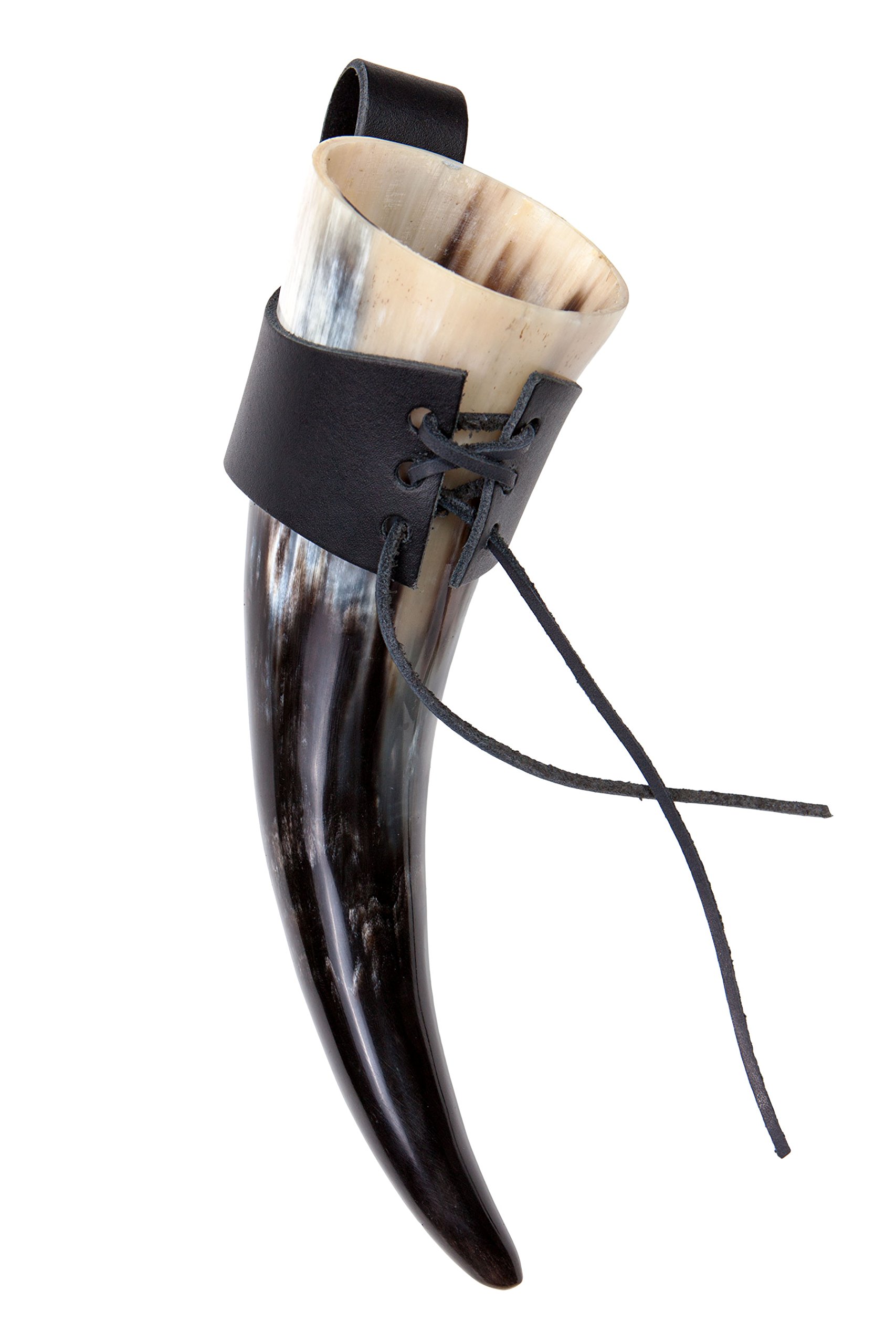 Frera Trinkhorn, 300-390 ml, 0,3-0,39l, Methorn inkl. Gürtelhalter aus Leder in schwarz oder braun, lebensmittelechtes Naturhorn, Naturfarbe, poliert
