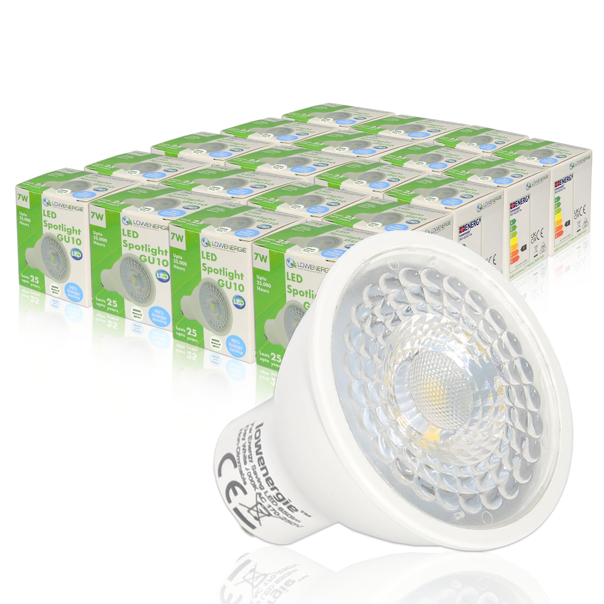LOWENERGIE 7W GU10 LED Spotlight Bulbs – Pack of 20 Natural White 4000K Downlights [Energy Class F]