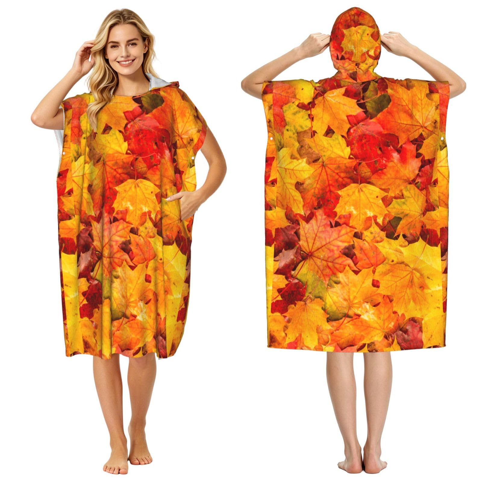 Poadnly Maple Leaves, Adult Hooded Beach Towel 90 x 110 cm,Changing Bath Robe, Surf Poncho Towel For Women Men