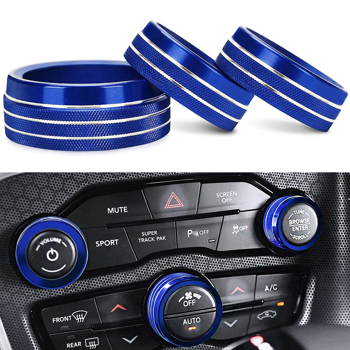 AupriteClimate Control Knob Covers for Challenger Accessories 2015-2023 2024, for Dodge Charger 2015-2023 2024, for Dodge Chrysler 300/300s 2015-2024,3Pcs Kit (Blue)