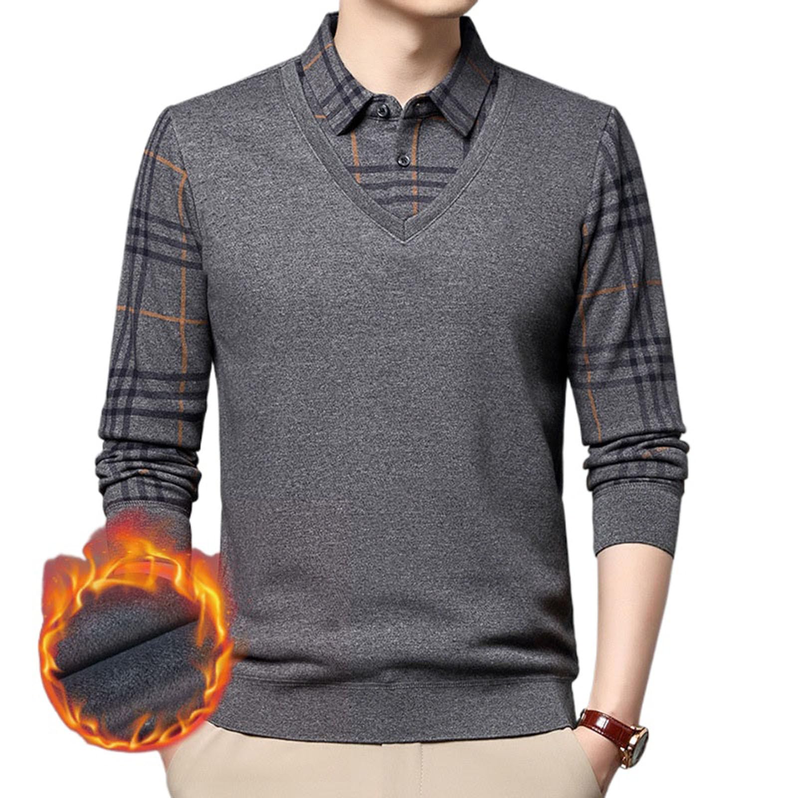 GUOGAOzz Men's Fake Two Piece Lapel Long-Sleeve Tops, Fleece Warm Button Pullover Sweaters, Lapel Casual Men's Top