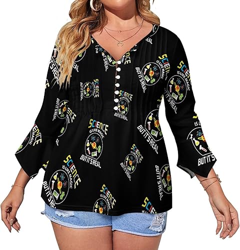 Science Like Magic Women's Ruffle 34 Sleeve Shirt Casual V Neck Button Loose Blouse Tops