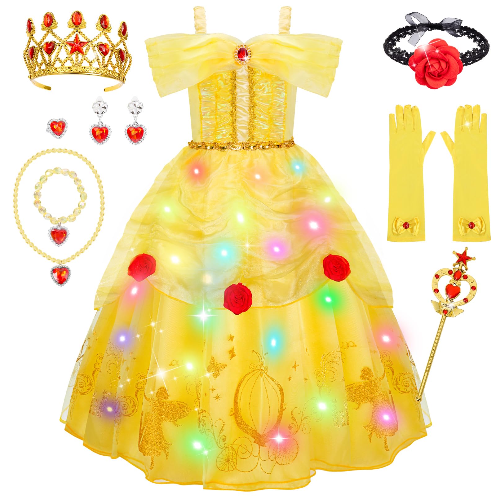 WIKITOT Princess Costume for Girls, Light up Rose Princess Dress up for Girls Aged 3-10, World Book Day Fancy Dress Halloween Costumes(M)