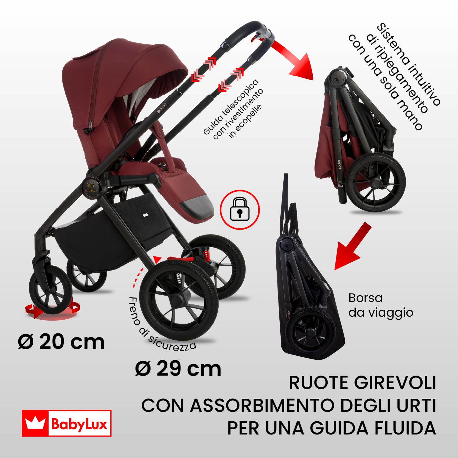 BabyLux® Passeggino 4in1 BOLDO, Set Pieghevole di Passeggino Leggero | Combinati con Navicella, Passeggino da Viaggio, Seggiolino Auto i-Size, Base Auto, 4 posizioni reclinabili, 0-22 kg, UV