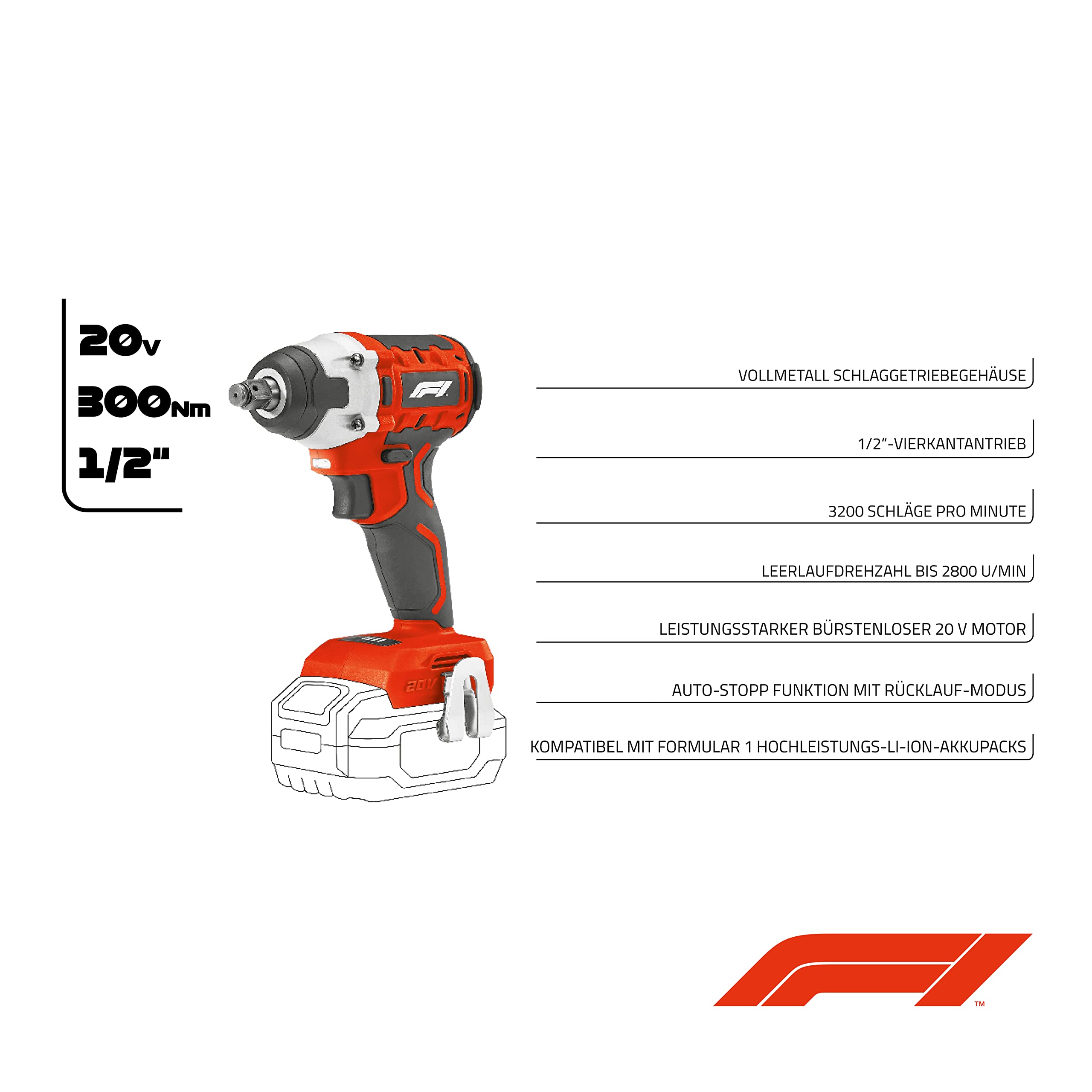 Formula 1 Akumulatorowa wkrętarka udarowa 20 V z momentem obrotowym 300 Nm, klucz czworokątny 12,7 mm (1/2 cala), 2800 obr./min, w walizce do przechowywania