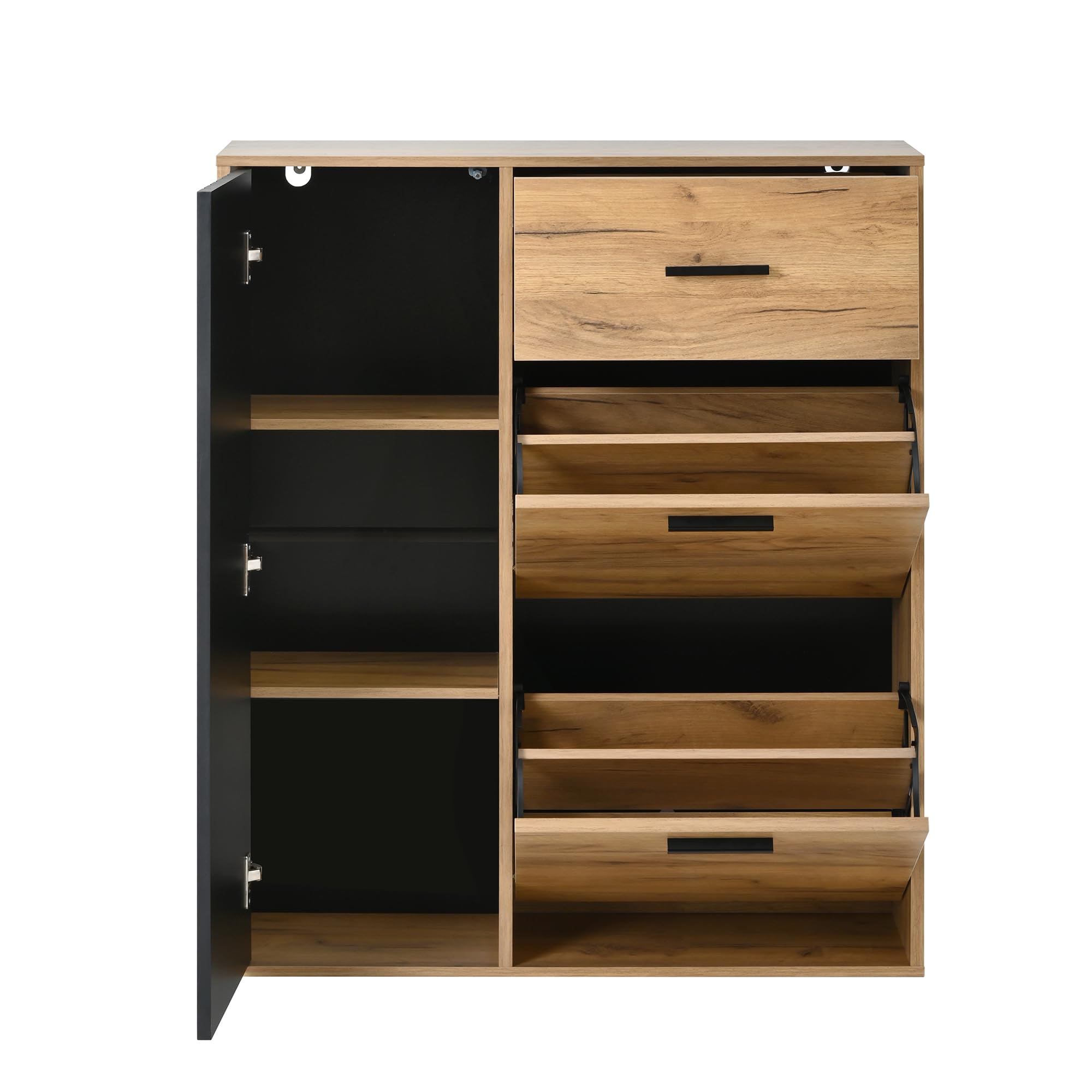 80 × 24 × 95,5 cm, zapatero moderno con estantes ajustables, tiradores negros, 1 cajón y 1 puerta, zapatero multiusos, zapatero en el pasillo (natural+negro)