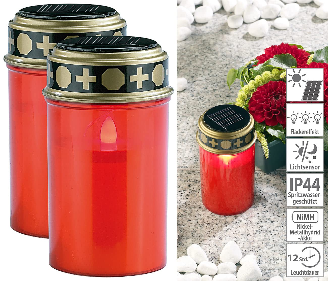 Pearl fari da Lavoro: Set da 2 Pezzi Luci LED solari per cimitero, con Luce Continua, Candlelight-LED, Pannello Solare (Lampada Solare per Tomba, Luce Tomba con Lanterna, Candela)