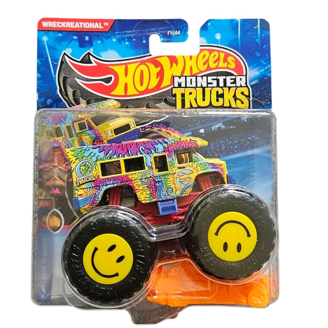 Hot Wheels Monster Trucks, Wreckreational Tie-Dye Design, Smiley Face Wheels