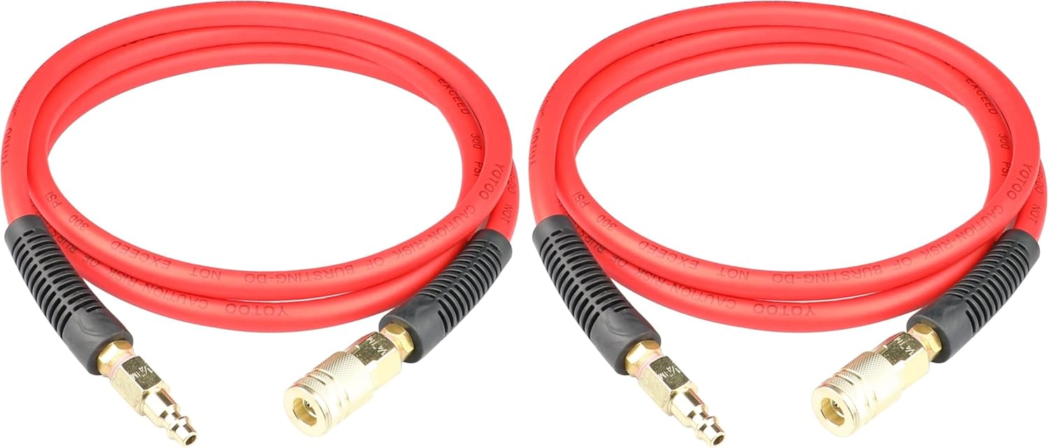 YOTOO Hybrid Lead-in Air Hose 1/4-Inch by 6-Feet 300 PSI Heavy Duty, Lightweight, Kink Resistant, All-Weather Flexibility with Bend Restrictors, 1/4" Industrial Quick Coupler and Plug, Red (Pack of 2)