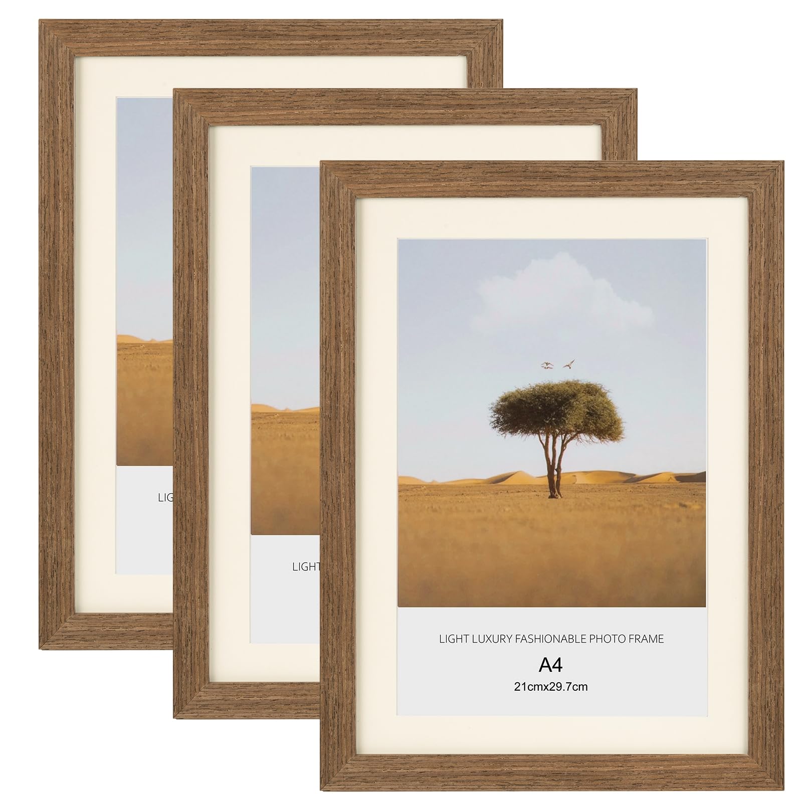 A4 Picture Frame, 3 Pack 100% Solid Wood Photo Frame 21 X 29,7 cm Poster Frames certificate Document Frame with Plexiglass Window,Freestanding and Wall Mountable