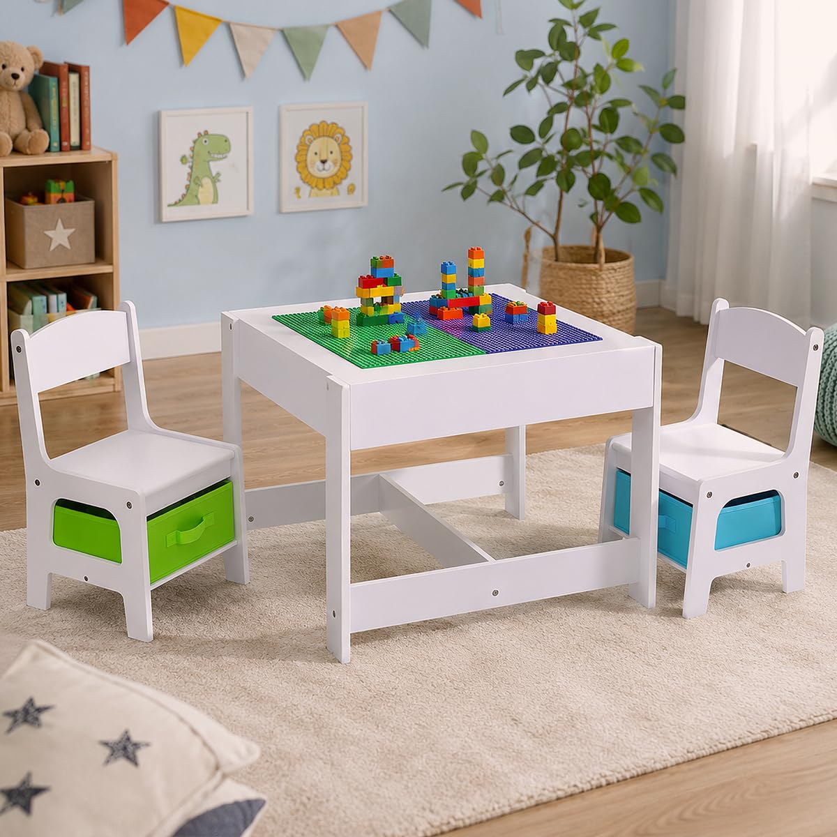 Baby Vivo Kindersitzgruppe Kindertischgruppe Kindermöbel Kinderzimmer Set mit multifunktionalem Tisch und 2 Stühlen aus Holz - Moritz