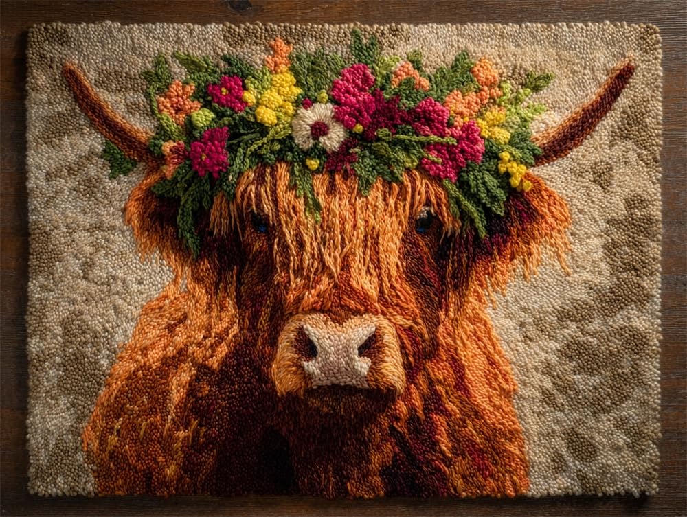 FWRTYCB Yarn Rug Hooking Kits Highland Cow Wearing A Flower Wreath 20X15Inch Rug Ma