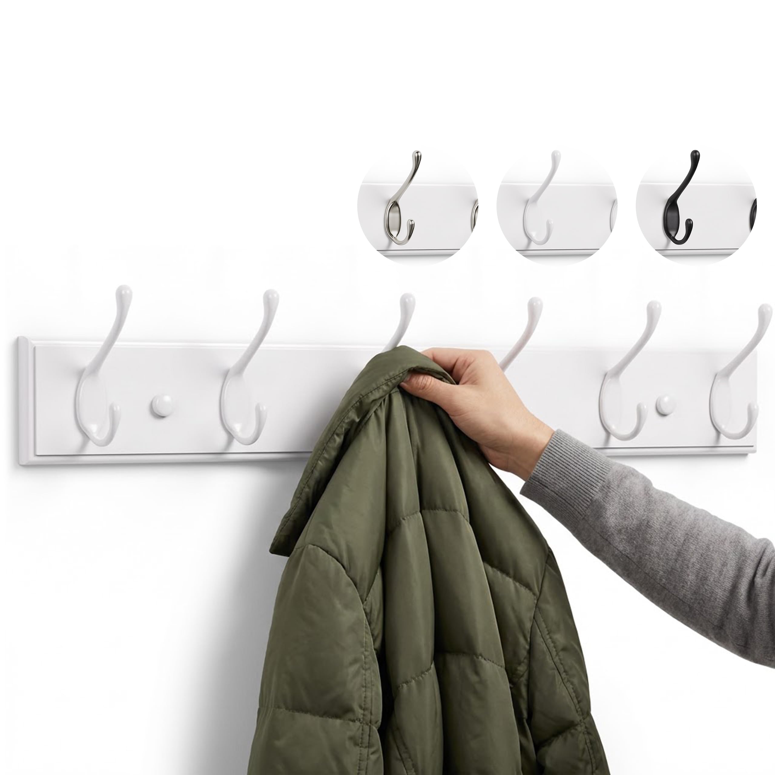 Larhn White Wall-Mounted Coat Rack - 6 Coat Hooks, 59Cm