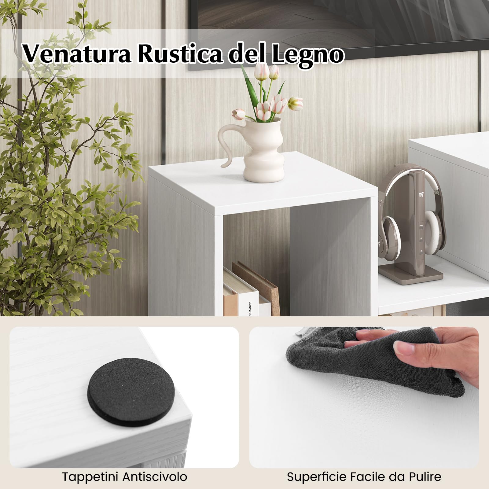 COSTWAY Mobile Porta TV Combinabile a 2 Pezzi, per TV Fino a 60'', Mobile TV a Angolo Soggiorno in Legno, con 4 Vani Aperti, Tavolo Media TV Multifunzionale, per Soggiorno, Camera da Letto (Bianco)