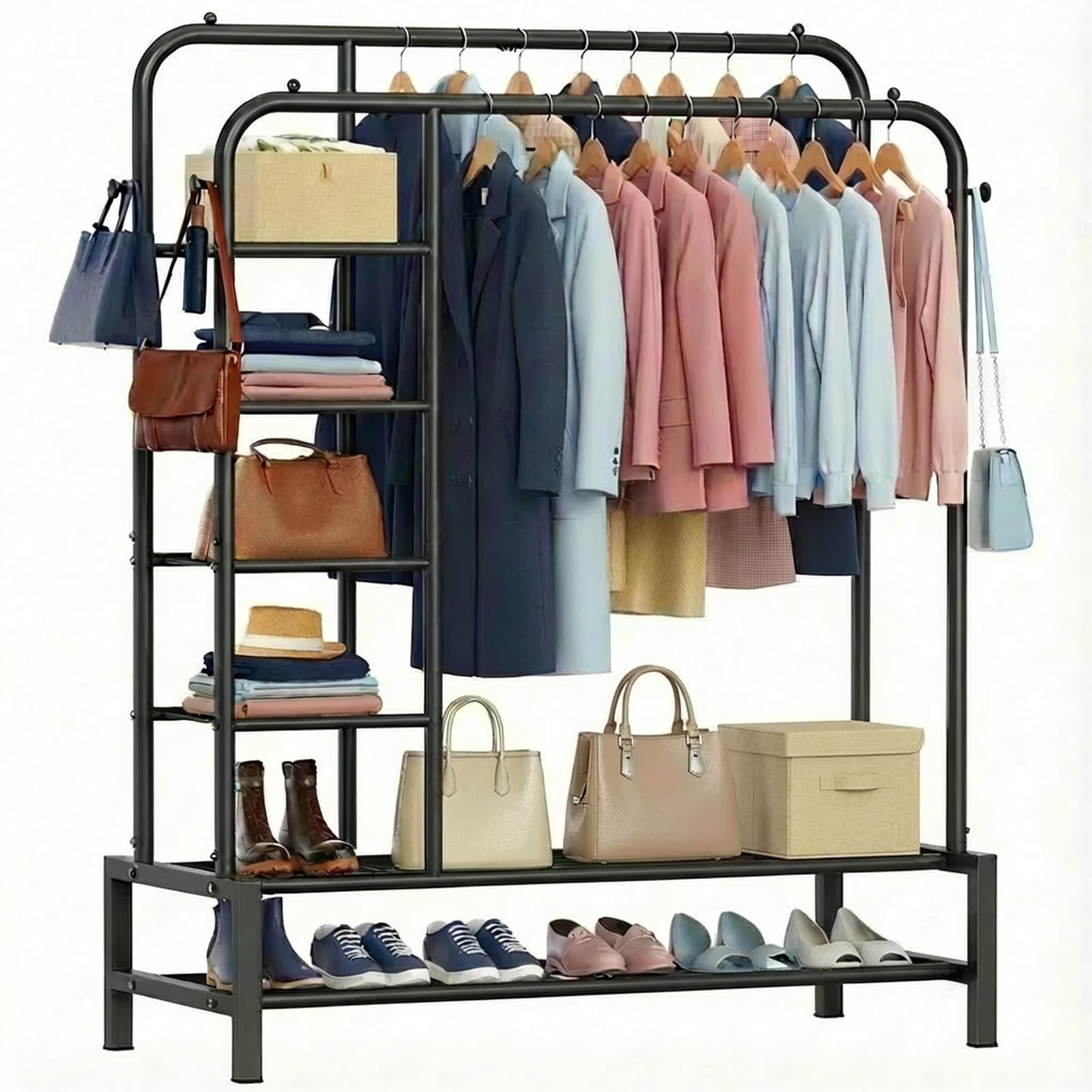 ZHKINGGS Clothes Rail - Double Rods Clothing Rack for Hanging Clothes, Storage Shelves & 4 Coat Hooks, Freestanding Heavy Duty Metal Clothes Organizer for Bedroom, Living Room, Laundry, Shop, White