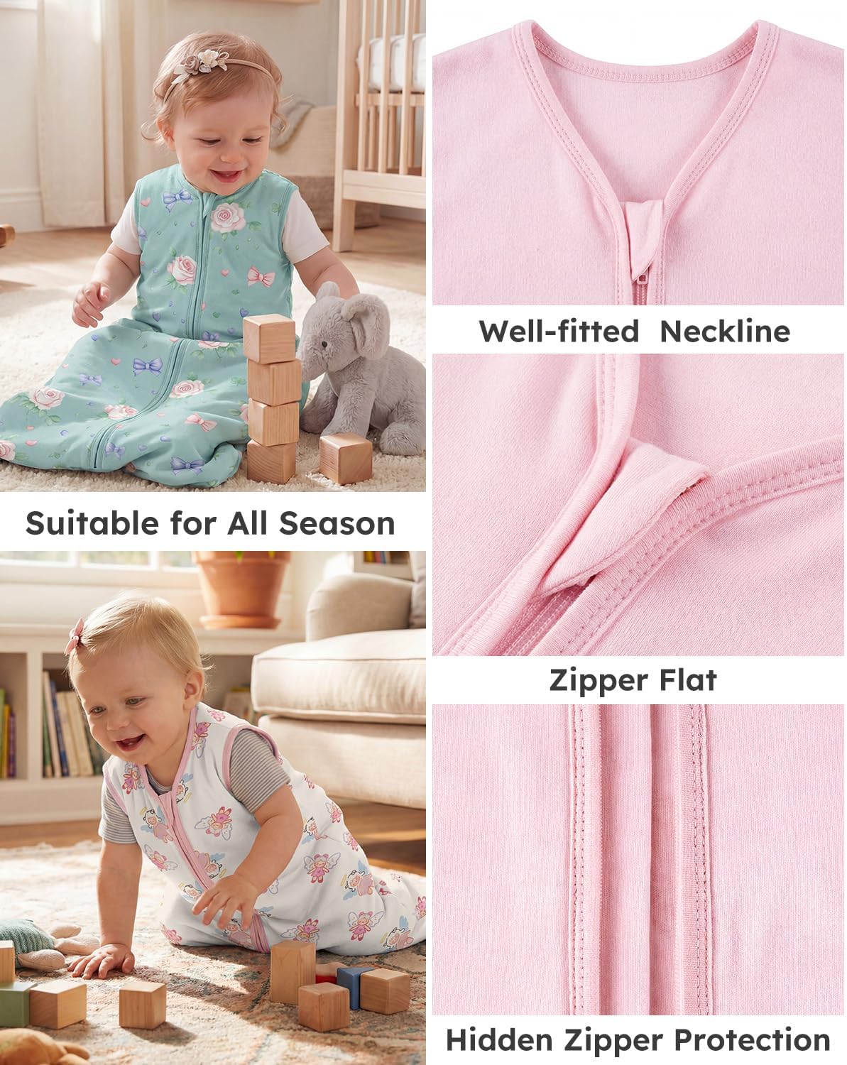 Yoofoss Baby Sleep Sack 6-12 Months Wearable Blanket for Babies 100% Organic Cotton 2-Way Zipper TOG 0.5 Toddler Sleeping Sack 3 Pack, Soft Lightweight Sleep Sacks