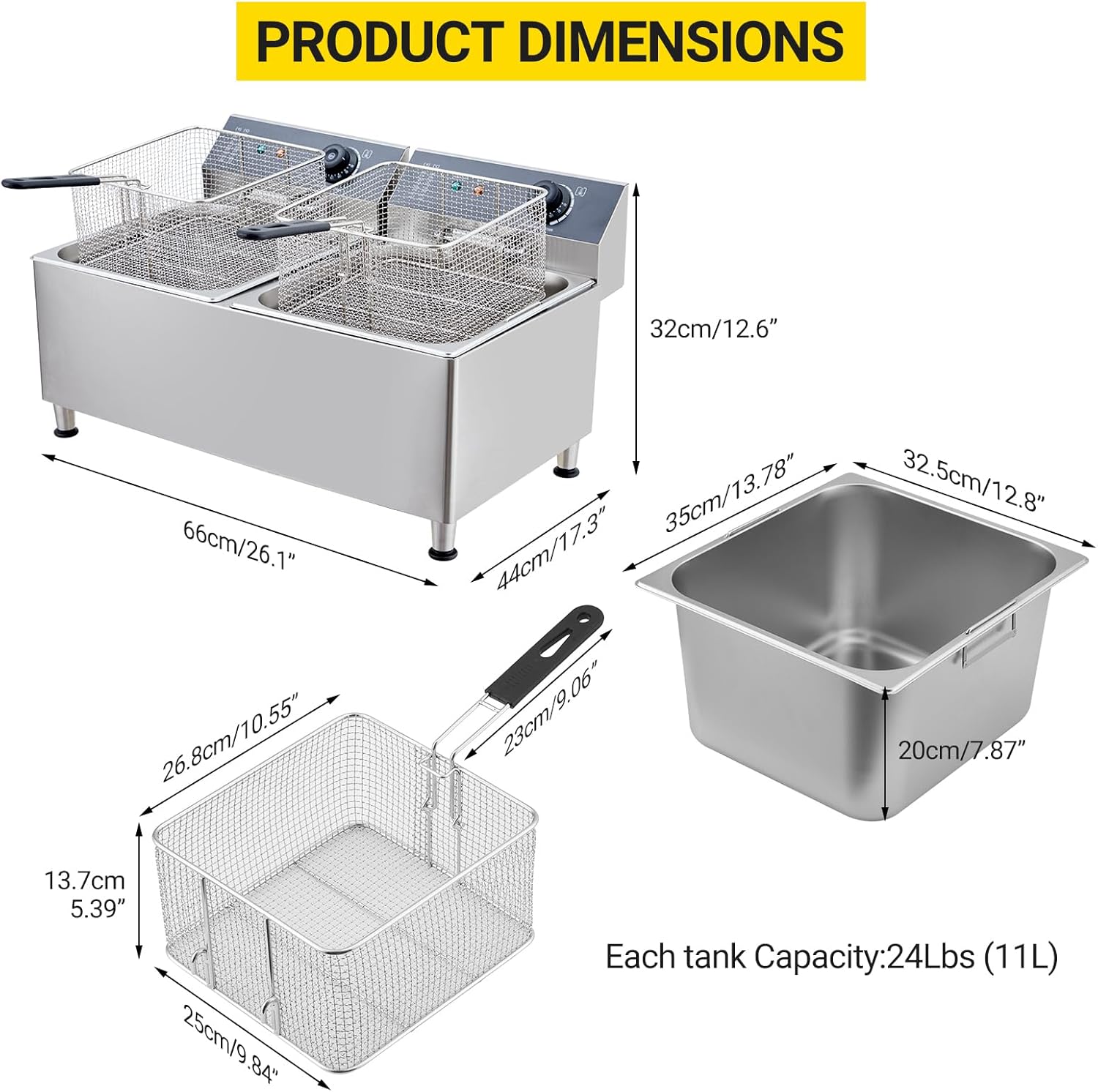 23.2QT Deep fryers, Commercial Deep Fryer 22L Large Dual Tank Electric Countertop Fryer, for Restaurant with 2 Frying Baskets and Lids