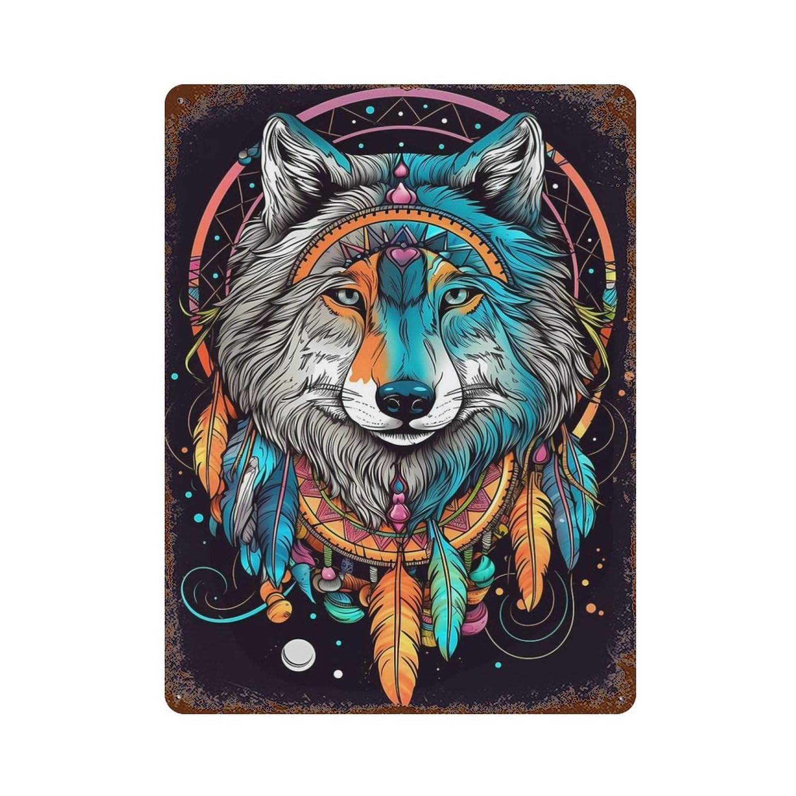 Dreamcatcher Mandala Wolf Decorative Tin Sign 15.7"x11.8", Ideal for Garage, Bar And Workshop Decor