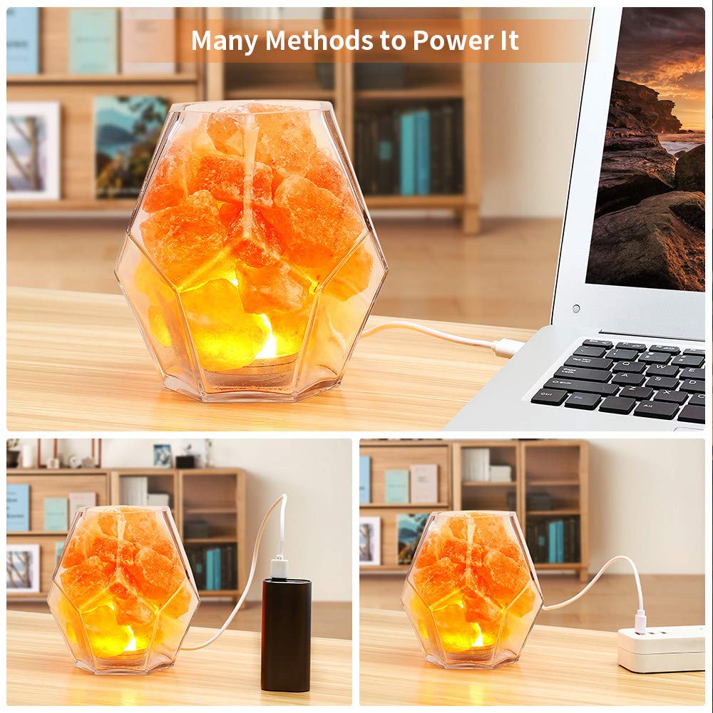 Lámpara de Sal del Himalaya, Dormitorio Lámpara de cabecera Lámpara de Mesa cálida/Conector USB Luz de Noche con Cristales de Sal Marina/con regulador de Intensidad y purificador de Aire