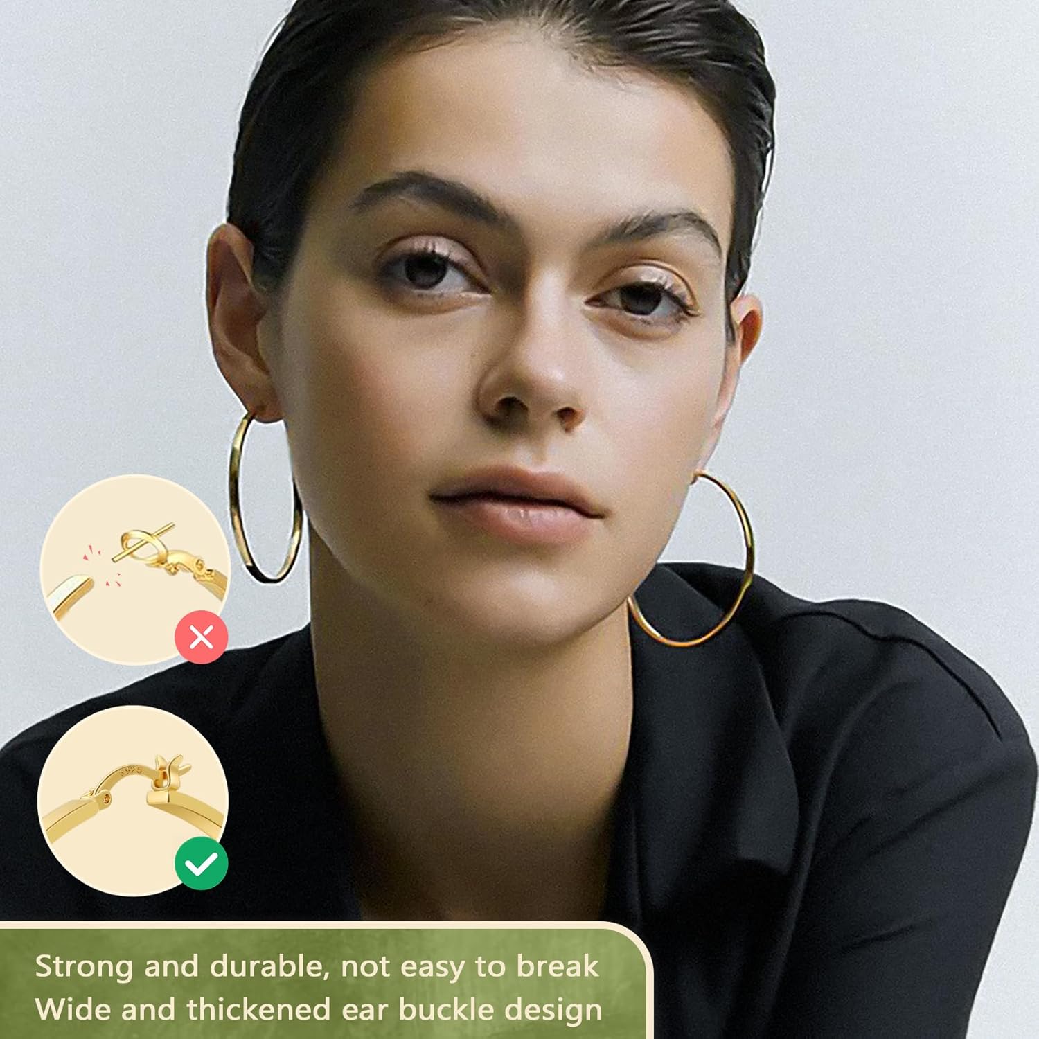 YOUNGYUE 925 Sterling Silver Hoop Earrings for Women Hypoallergenic Thin 14K Gold Plated Hoops Earrings for Women Lightweight Flat Large Hoop Earring 30/40/50/60/70mm - Image 3