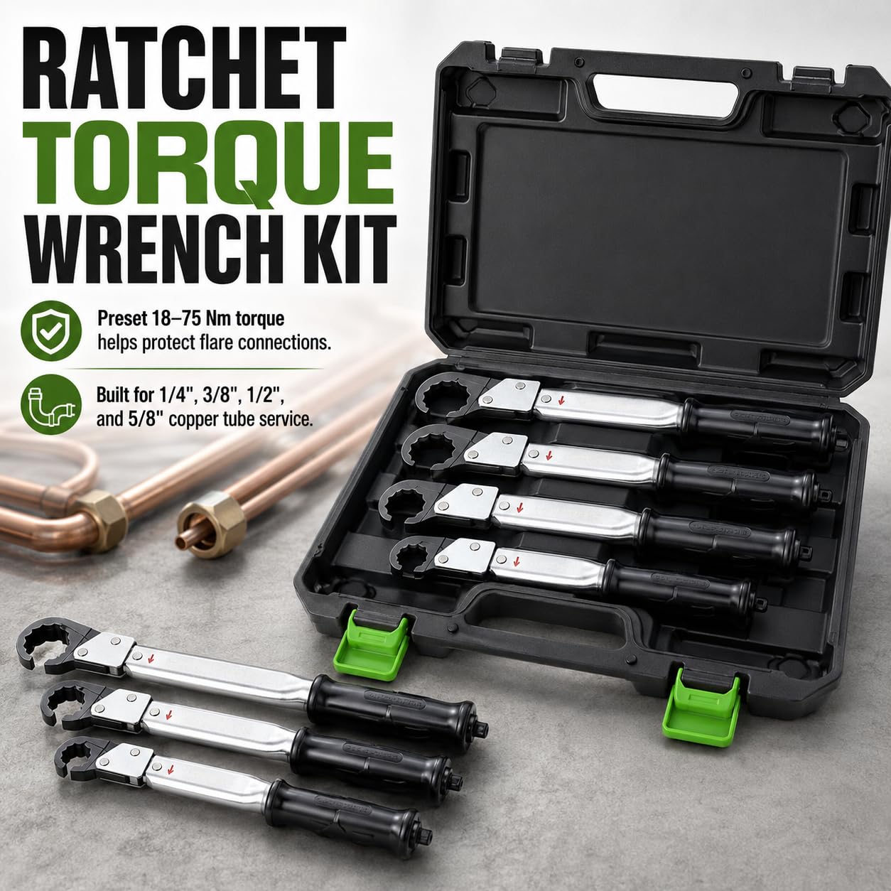 Kit de llave dinamométrica de trinquete, llave de boca de campana con tapa de cobre ajustable de 18-75 Nm para aire acondicionado de refrigeración HVAC de tubo de cobre de 1/4", 3/8", 1/2", 5/8"