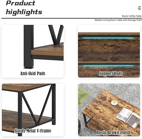 Miniatura 5 de EXCEFUR Mesa de centro moderna, mesa de sala de estar de madera rústica y metal con estante de almacenamiento, mesa central rectangular industrial,