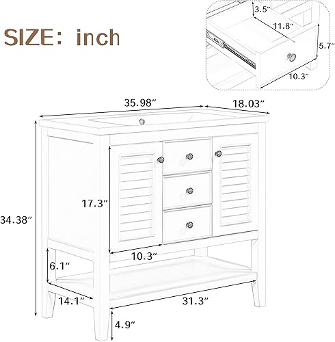 Miniatura 2 de LUMISOL Tocador de baño de 36 pulgadas con fregadero de cerámica, armario de baño con dos armarios y cajones, tocador de baño de madera maciza con
