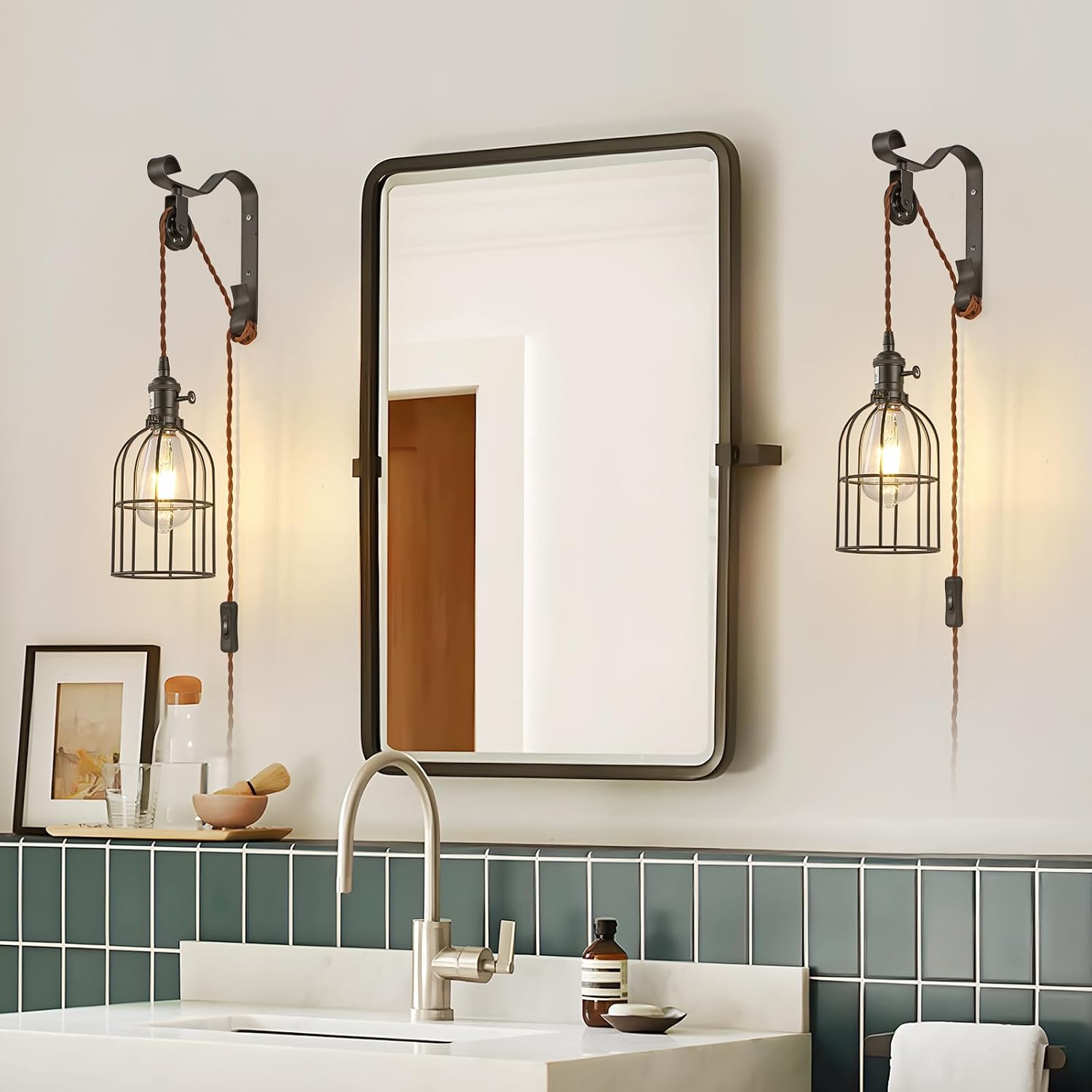Wall Sconces Plug in of 2, Industrial Wall Lamp with Plug in Cord,Black Vintage Wall Sconce with 6.5ft On/Off Switch Cord,Height Adjustment Wall Lights for Bedroom Reading Headboard.