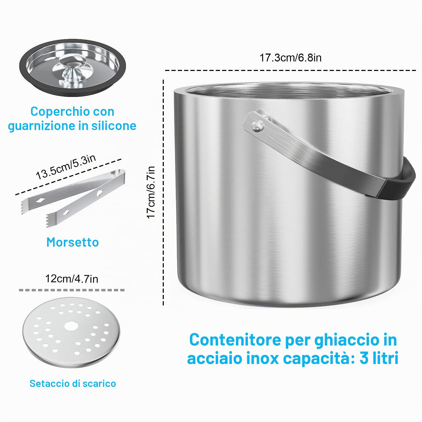 Contenitore per ghiaccio in acciaio inox, 3 l, con coperchio ermetico, colino e pinza per ghiaccio, a doppia parete, ideale per raffreddare birra, champagne e frutta