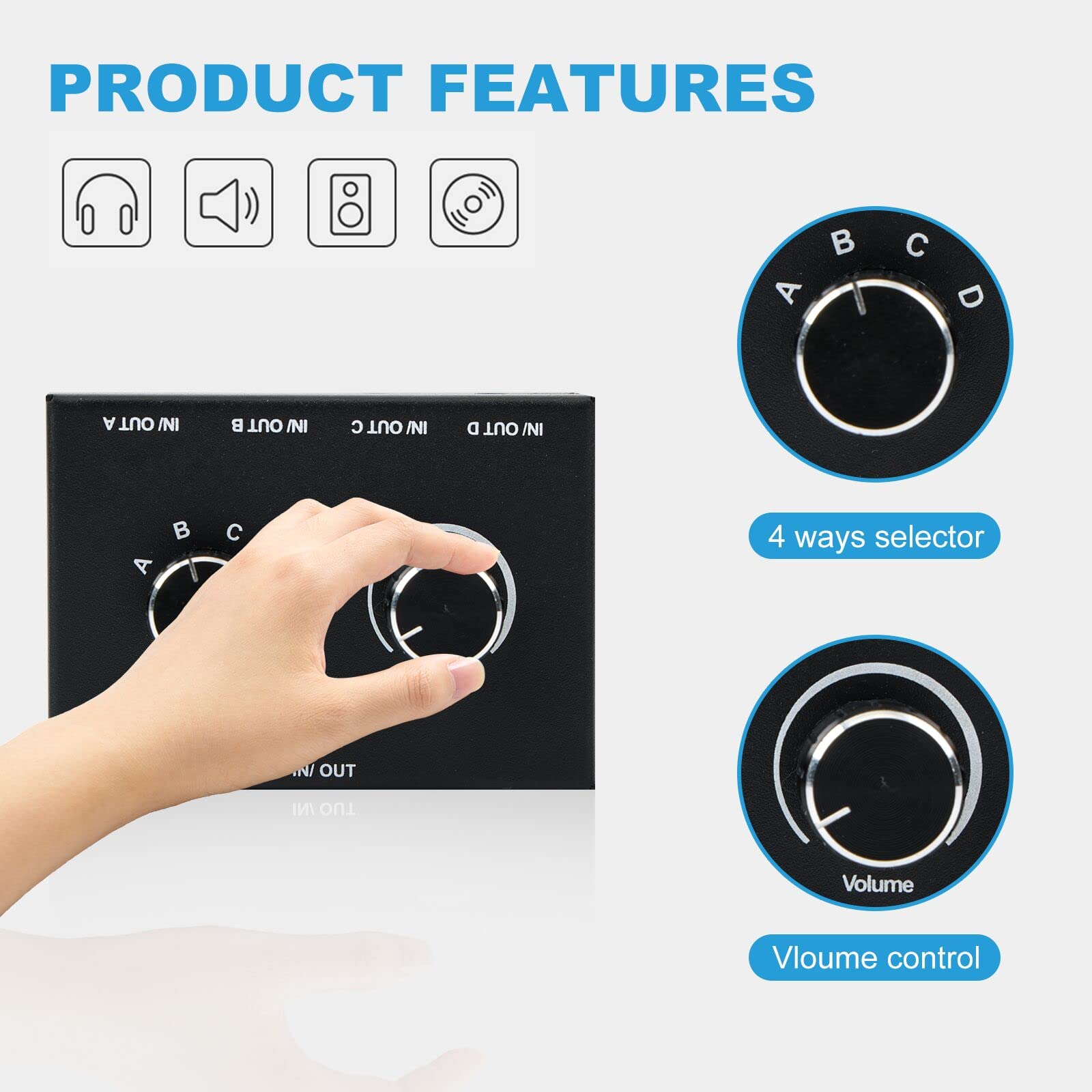 Przełącznik Audio 3,5 mm, 4-Portowy Selektor Audio Stereo AUX, 4 Wejścia 1 Wyjście / 1 Wejście 4 Wyjścia Rozdzielacz Audio, 4-Kanałowe Pokrętło, Nie Wymaga Zasilania