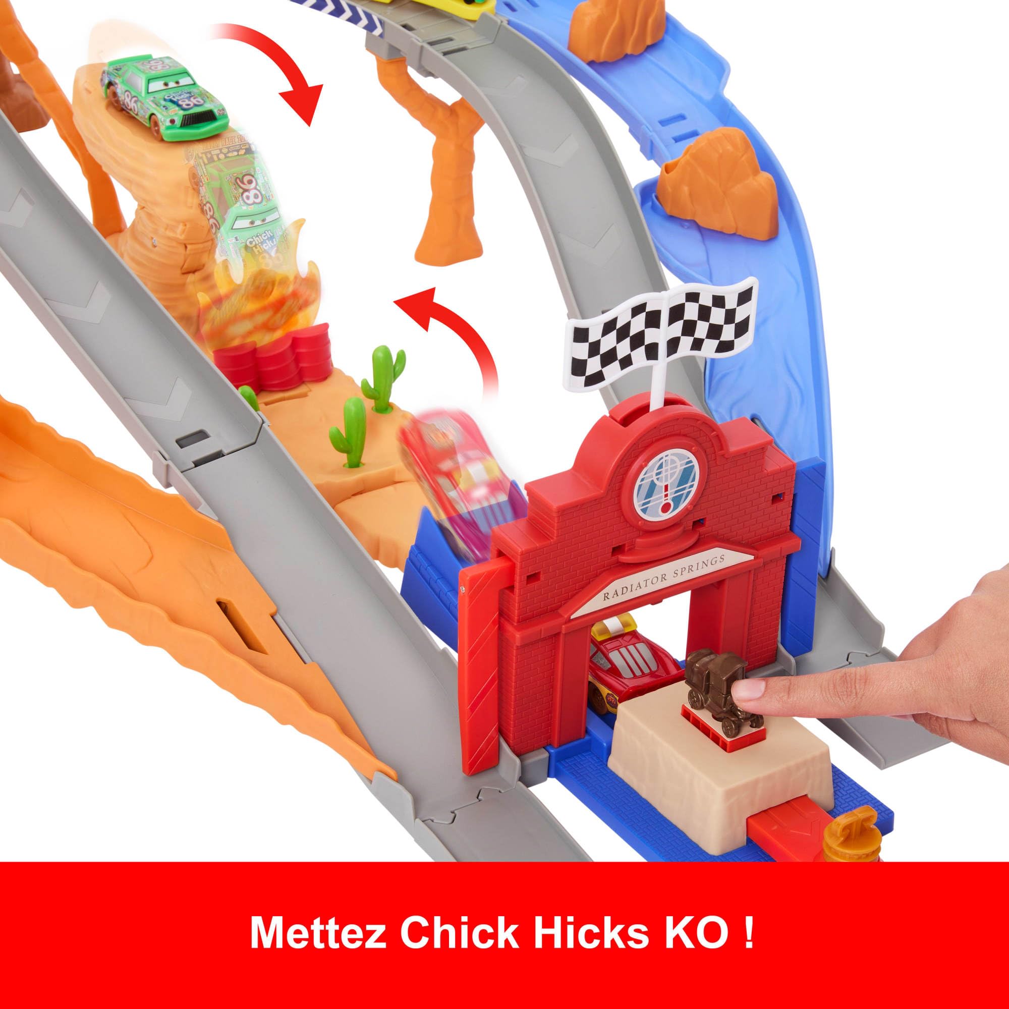 Mattel Cars Coffret Piste de Course Rescue Road Course de Radiator Springs avec Flash McQueen, Chicks Hicks et 2 véhicules Pitty, 2 façons de jouer, JFL57