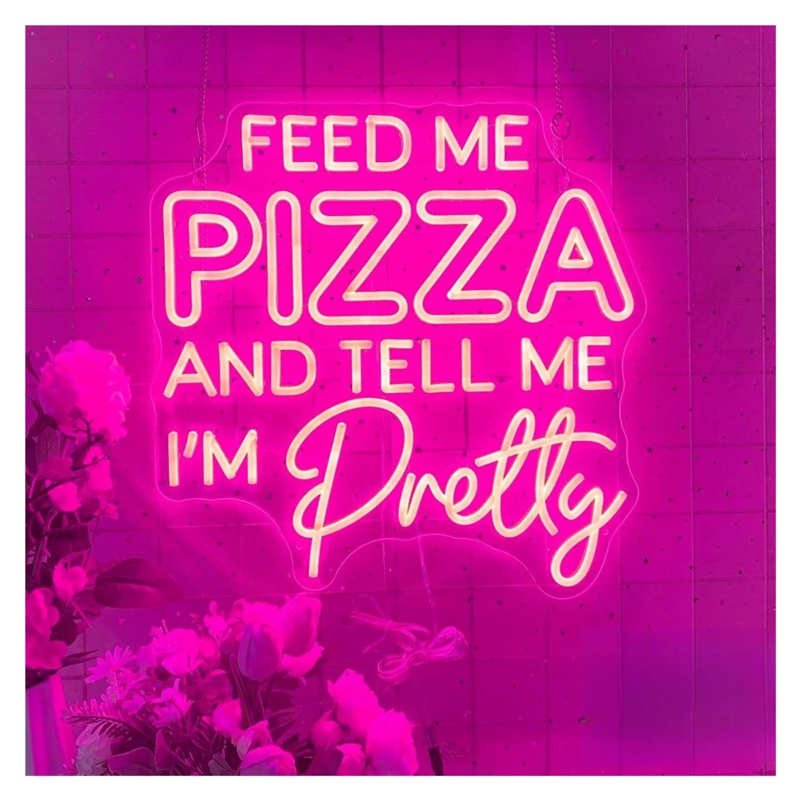 Welsaa Girls Pink Hanging Art Neon Signs Feed Me Pizza And Tell Me I'm Pretty Neon Sign Led Light Dimmable Usb Powered For Pizza Shop Restaurant Hotel Wall Decor 42.16Cmx42.42cm(Pink)