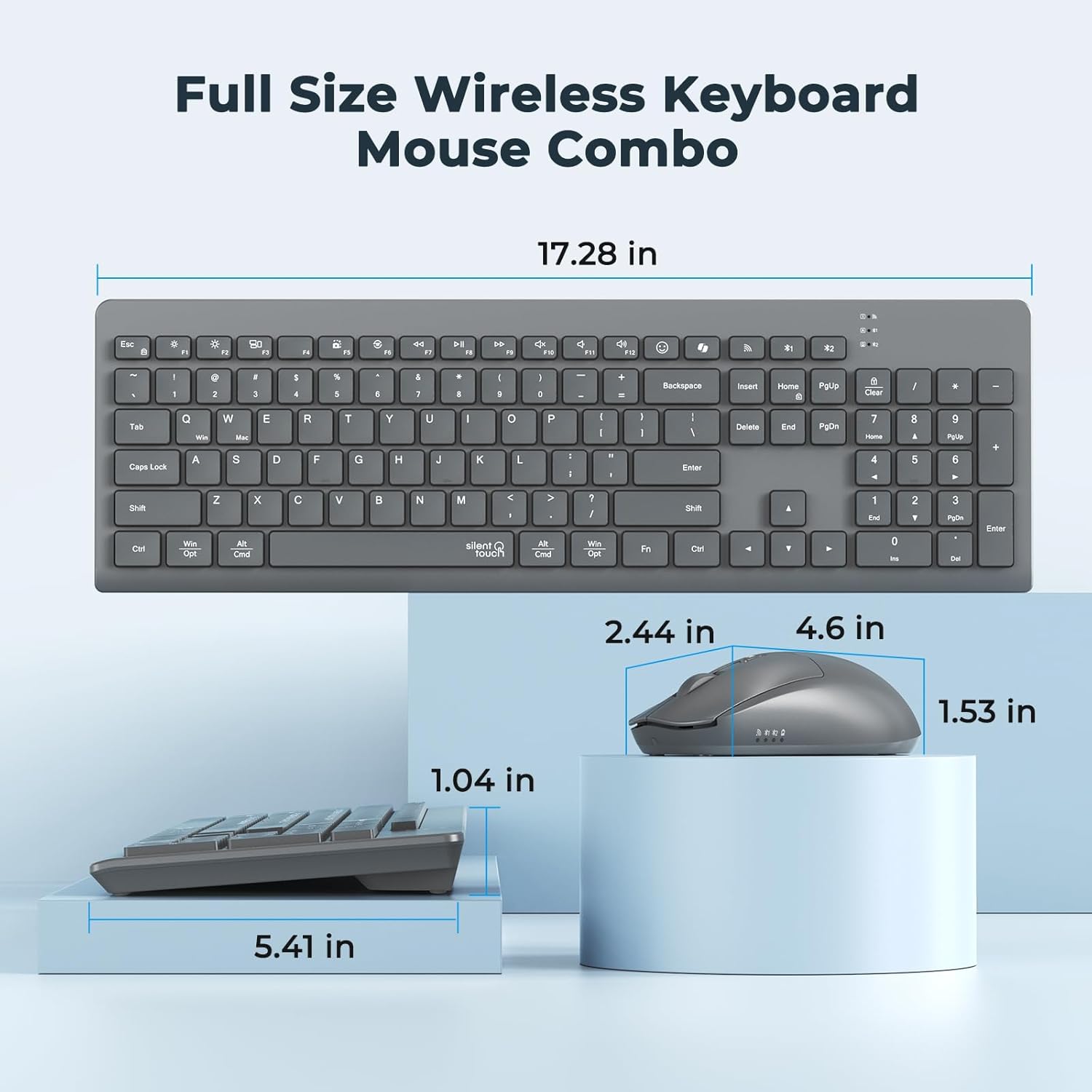 Wireless Keyboard and Mouse, Quiet Bluetooth Keyboard Mouse Set, 2.4G/Bluetooth Full-Sized Computer Keyboard, 3200 DPI Adjustable Mouse, Long-Life Battery, for PC/Laptop/Tablet/Windows/Mac