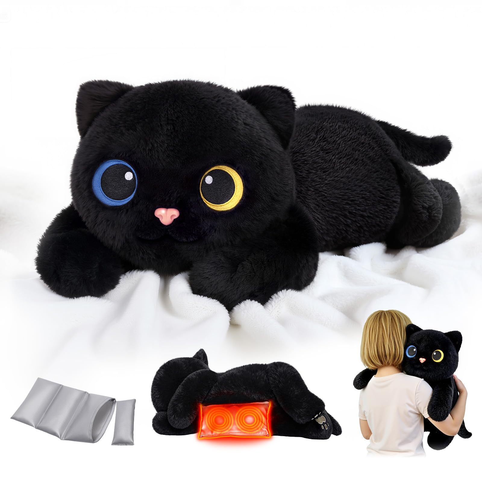 Mewaii Weighted Black Cat Plush with Microwave Heat Pad - 2.3KG Weighted Stuffed Animal Pillow with Heatable & Coolable Bag for Anxiety Relief, Cat Soft Toy Gifts for Adults(23inch)