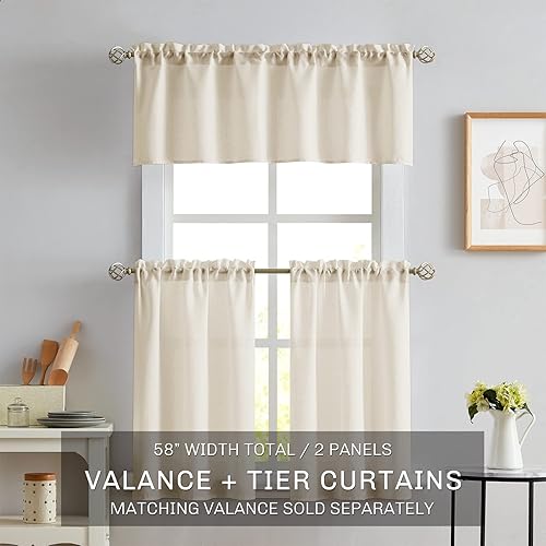 Miniatura 7 de Melodieux Cortinas semitransparentes beige de 36 pulgadas de largo para cocina, cafetería, dormitorio, ventanas pequeñas, cortinas de gasa con