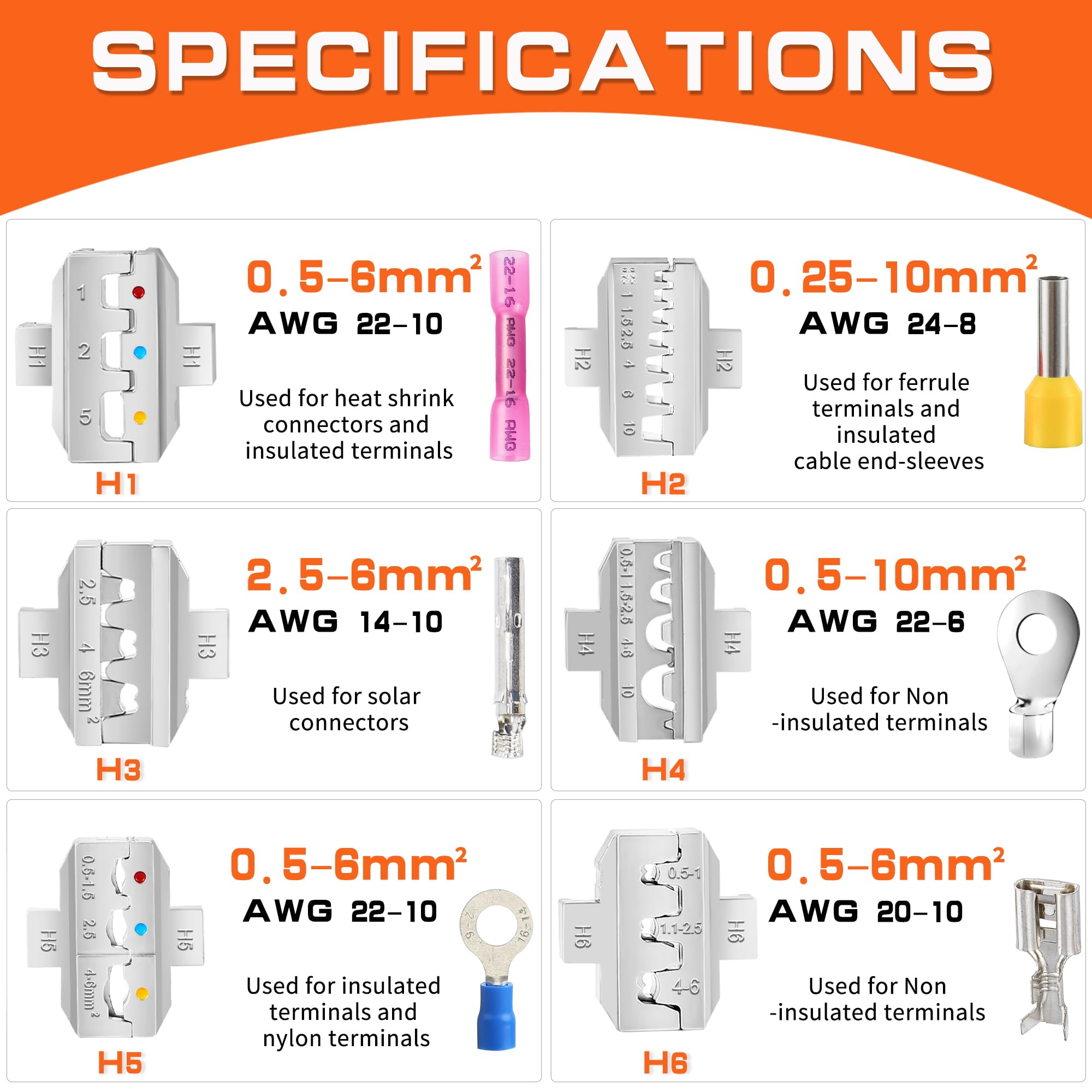 Set di utensili per crimpatura, pinza per cavi a cricchetto, crimpatrice per terminali elettrici con 6 teste per cambio rapido, termorestringente/isolato/nudo/puntali/crimpare a vanga