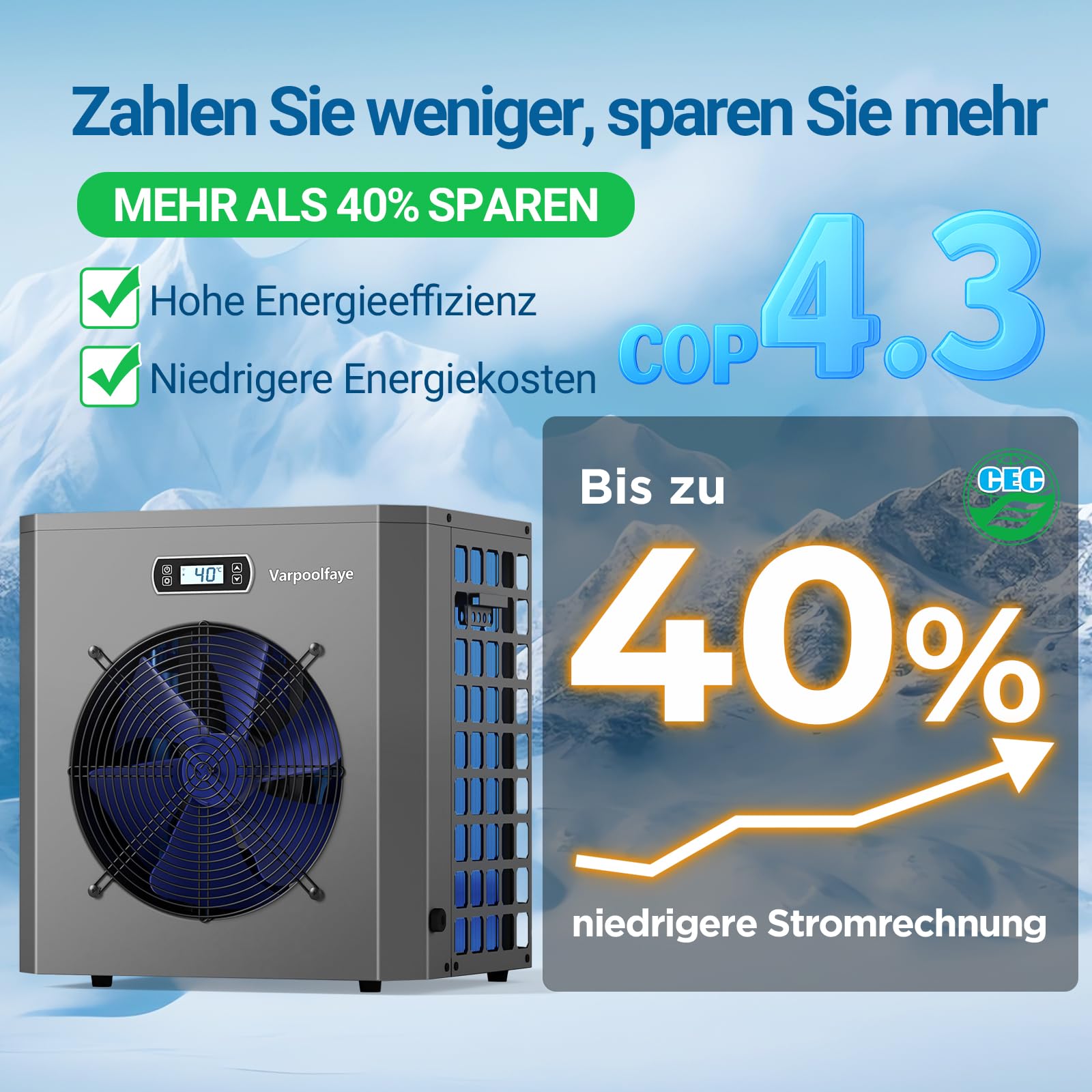 5KW Elektrische Pool Wärmepumpe Für Aufstellpool Poolheizung Wärmepumpe Schwimmbad Bis 20.000 l 20 m³ WiFi Steuerung 220v 240v 50Hz