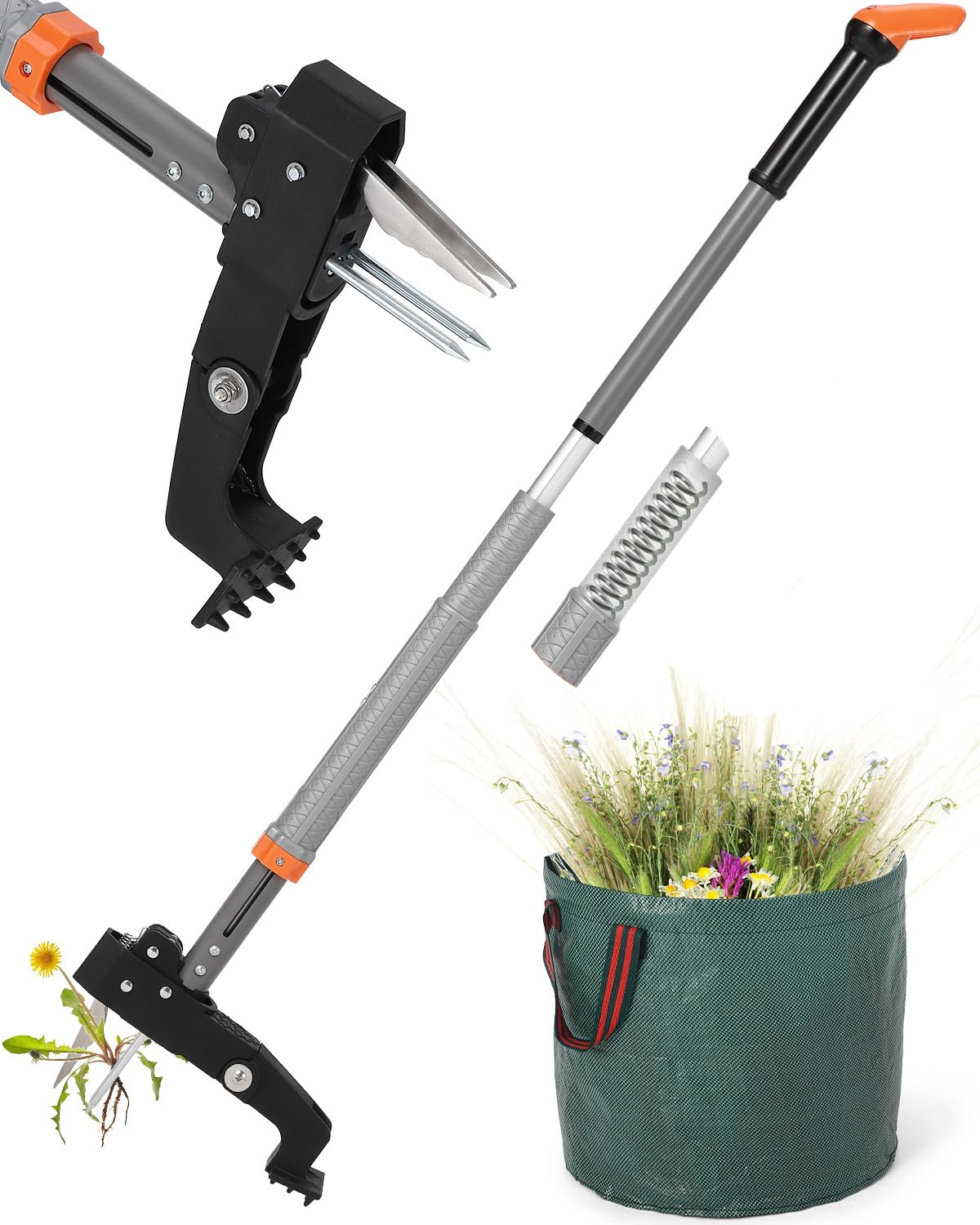 HAUSPROFI Extractor Malas Hierbas (Longitud de 91 cm a 117 cm), Bolsa de Jardinería de 50 litros, 4 Dientes de Rastrillo, Diseño de Retorno Automático, para el Mantenimiento del Césped