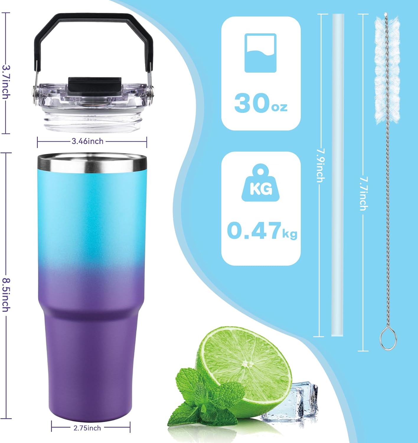 30oz Tumbler with Handle and Flip Straw Lid Double Wall Insulated Travel Coffee Mug Stainless Steel Vacuum Insulated Coffee Tumbler Cup for Hot and Cold Beverages,Leak-proof&BPA-free（30oz,Blue Purple） - Image 2