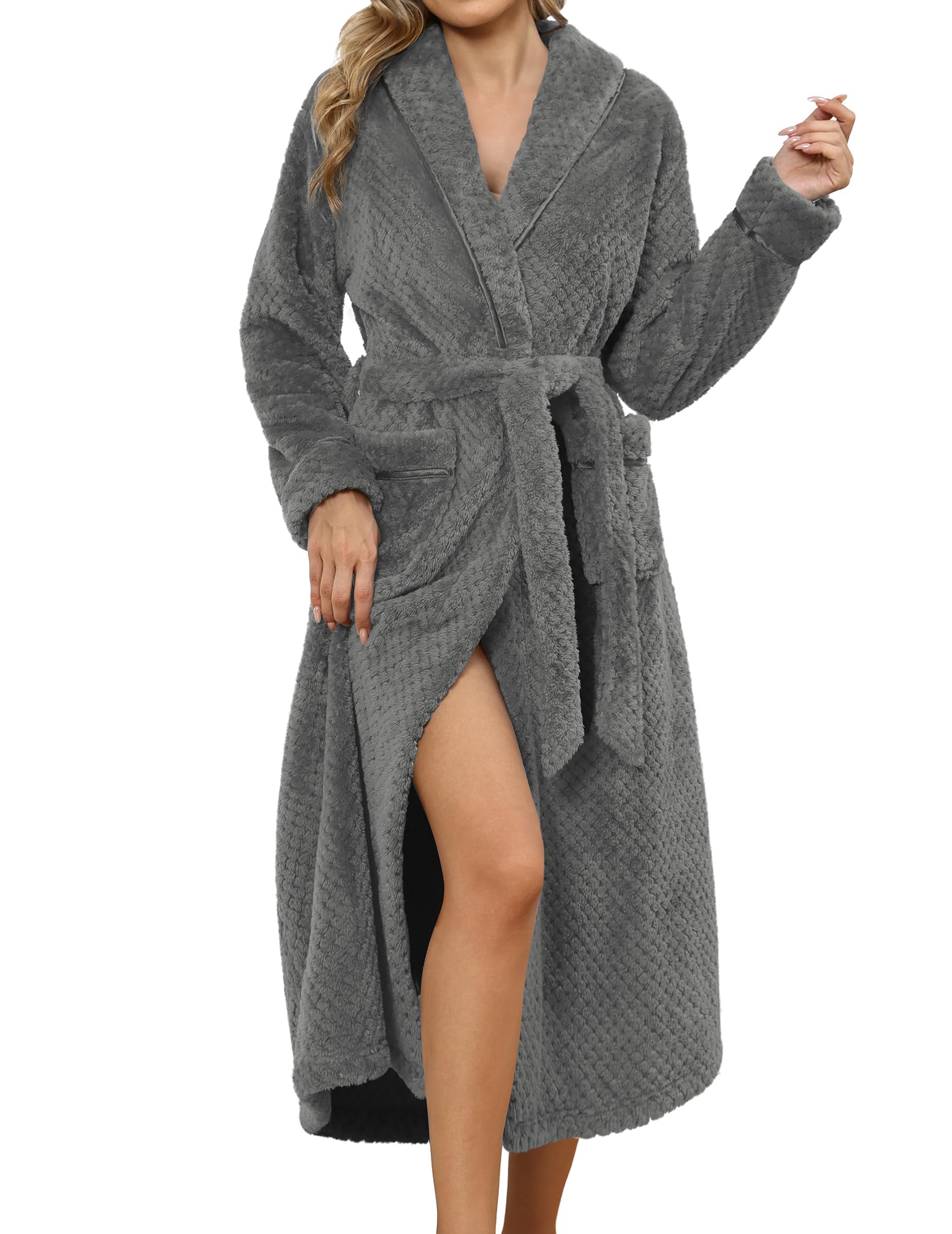 Ekouaer Dressing Gown Womens Fleece Fluffy Bathrobe with Belt & Pockets