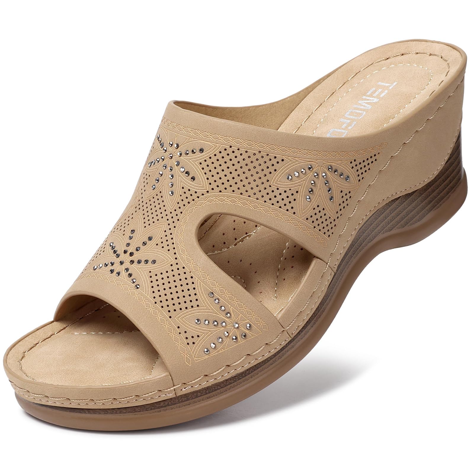 TEMOFON Women Wedge Sandals Dressy: Soft Leather Sandal, Rubber Sole, Comfortable Walking, Casual Slip on Summer Sandals