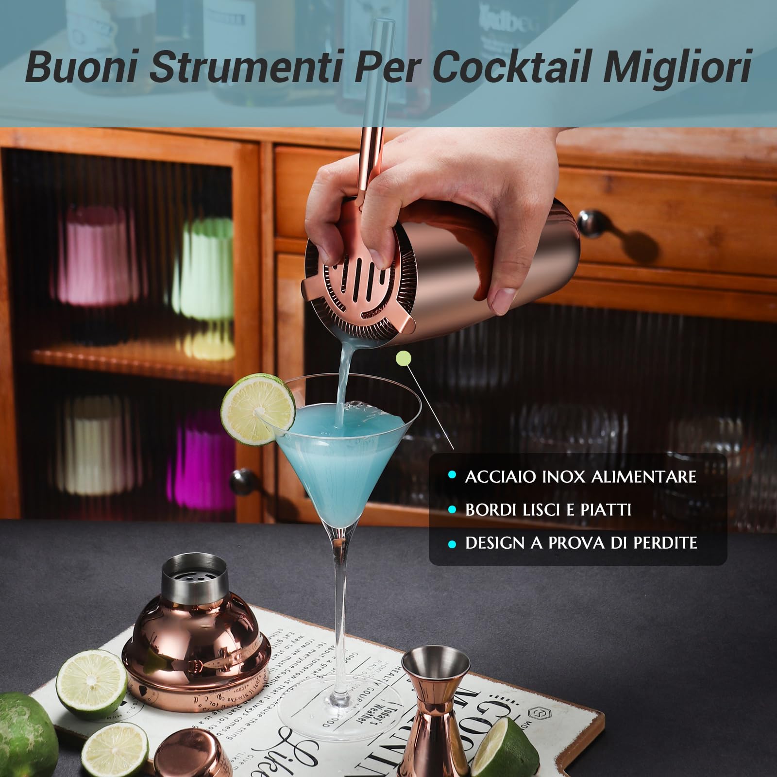 Set Shaker Cocktail Kit Barman con Supporto, Set Barman in Acciaio INOX da 750ML 12 pezzi con dosatore misurino cocktail, Kit Barman Professionale Completo per Home Bar, Regali per Papà (Oro Rosa)
