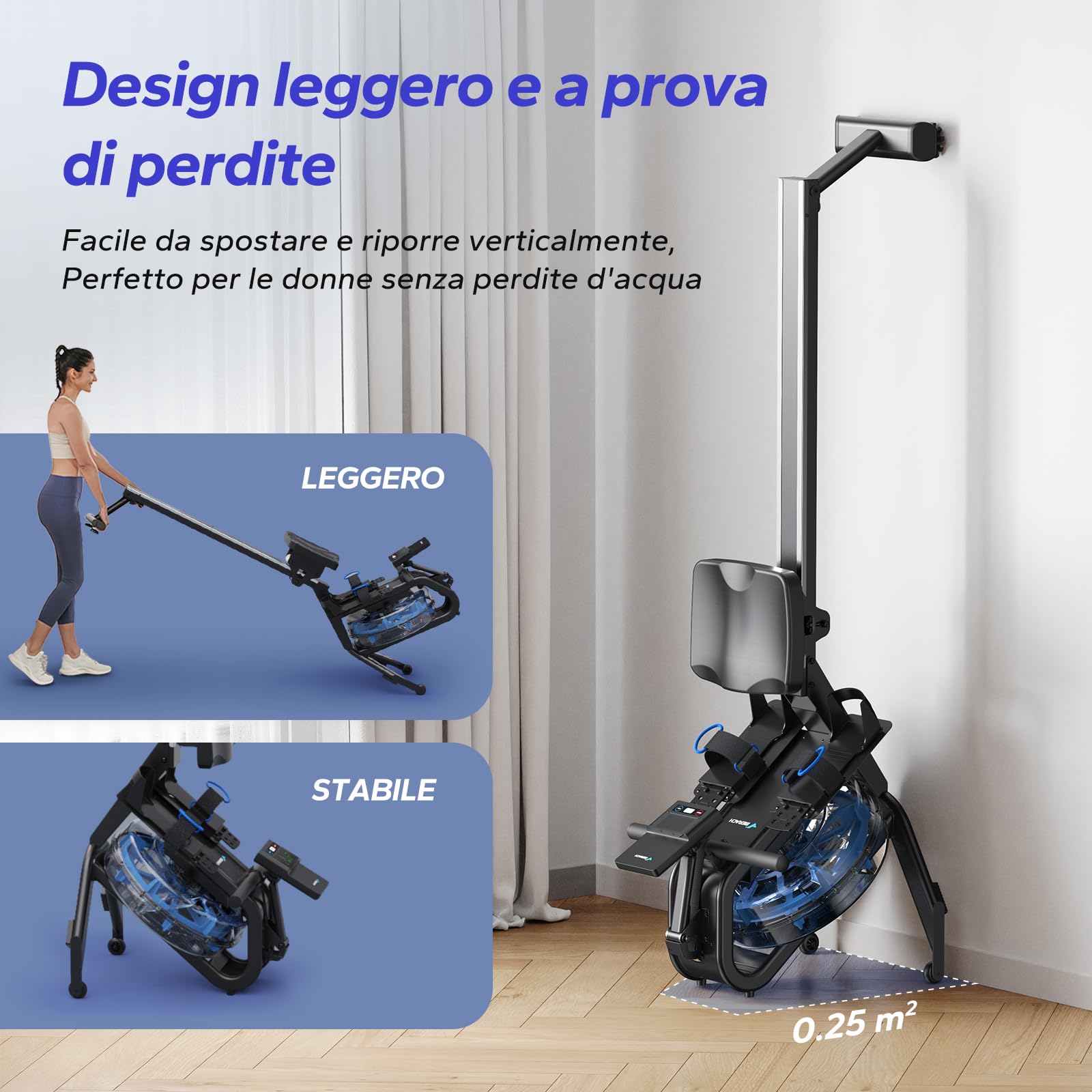 MERACH Vogatore ad acqua per casa, vogatore con resistenza all'acqua da 15 l, connettività Bluetooth e app, supporto per iPad, sedile ergonomico, conservazione verticale salvaspazio