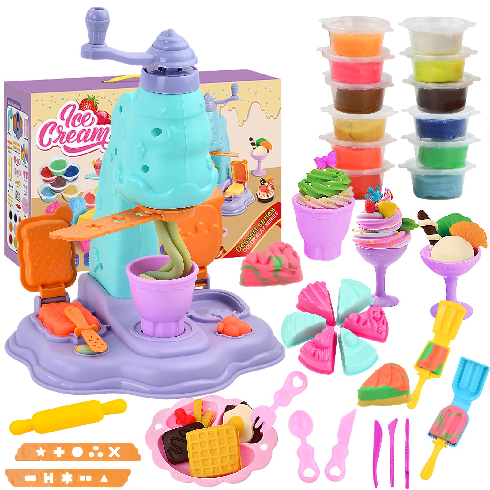 Ice Cream Toy Set, Clay Accessories with Ice Cream Maker Machine, Kitchen Creations Modelling Clay Set, Fun and Educational Toy Gift for Kids Ages 3 and Up