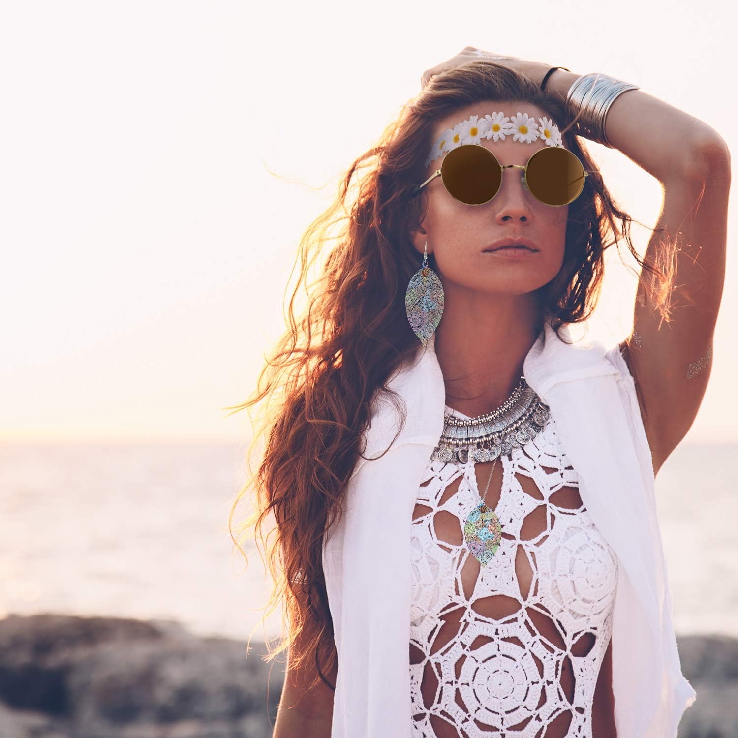 Hicarer 4 Pieces Hippie Costume Set Include Sunglasses, Headband, Hollow Leaves Necklace and Earring 70s Hippie Accessories - Image 4