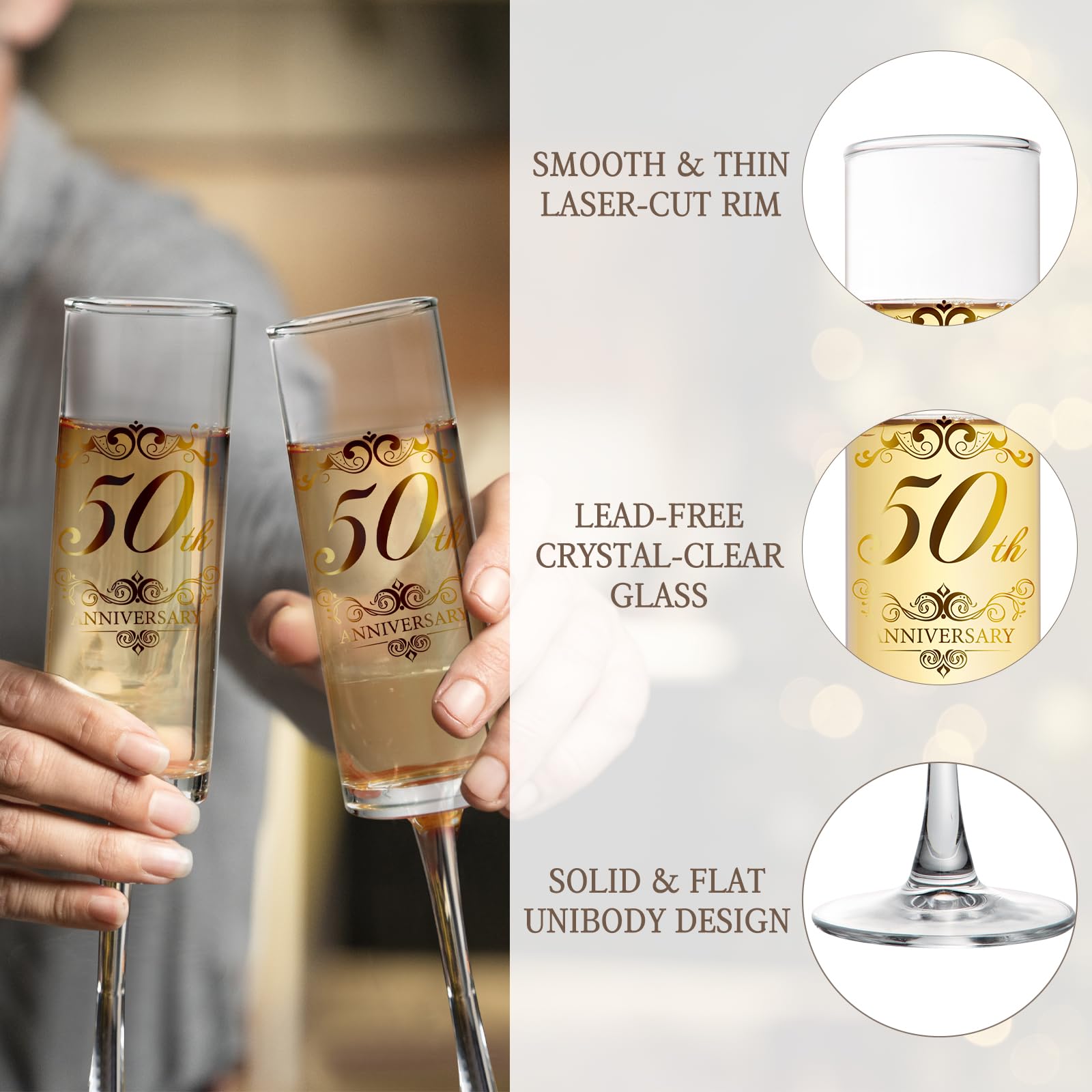 Urllinz Copas de champán para 50 aniversario de boda, decoraciones de 50 aniversario, el mejor regalo de boda de aniversario para parejas y padres, juego de 2 con caja de recuerdo de madera