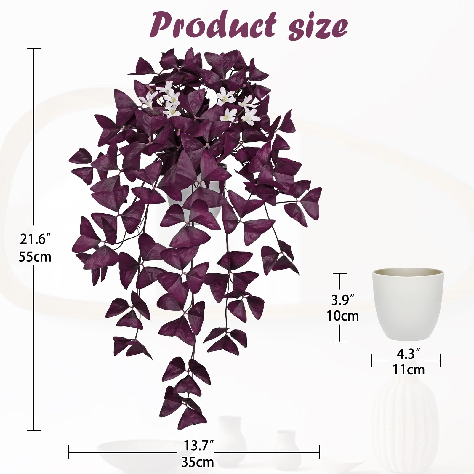 Sztuczny szczawik trójkątny (Oxalis Triangularis), 55 cm, sztuczna fioletowa roślina koniczyny w białej doniczce, sztuczny jedwab, fioletowy, szczawik, roślina z kwiatami, rośliny domowe, do