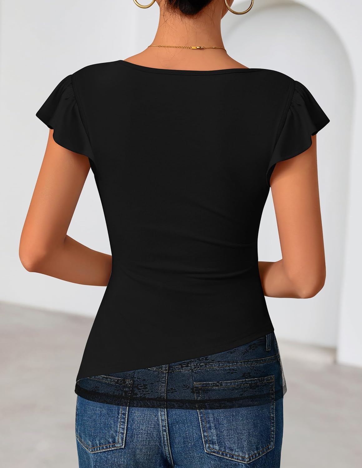 ZESICA Women's Summer Ruffle Short Sleeve Lace Tops Cowl Neck Solid Color Trendy Work Shirts Going Out Blouses - Image 5